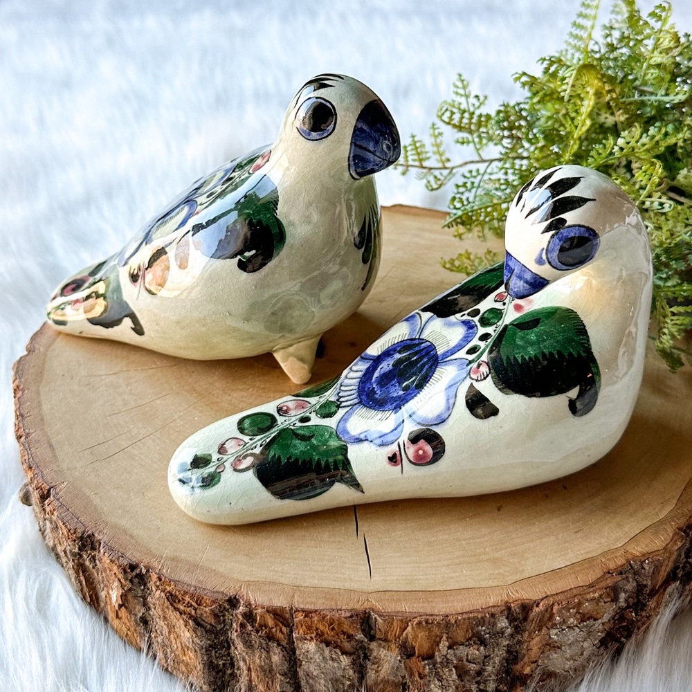 Vintage Mexican Tonala Folk Art Hand Painted Pottery Bird Figurine Pair